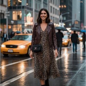 Ganni Brown and Black Animal Print Long‎ Sleeve Dress size 38